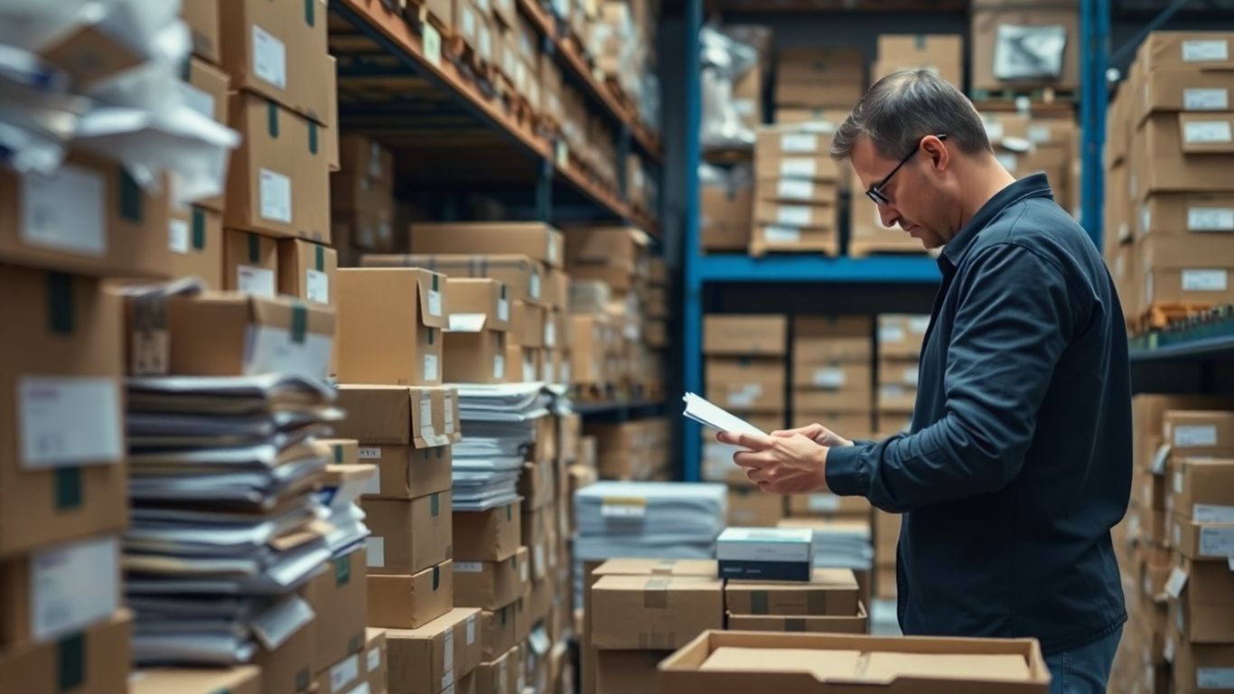 Processo de inventário detalhado com caixas e prateleiras.