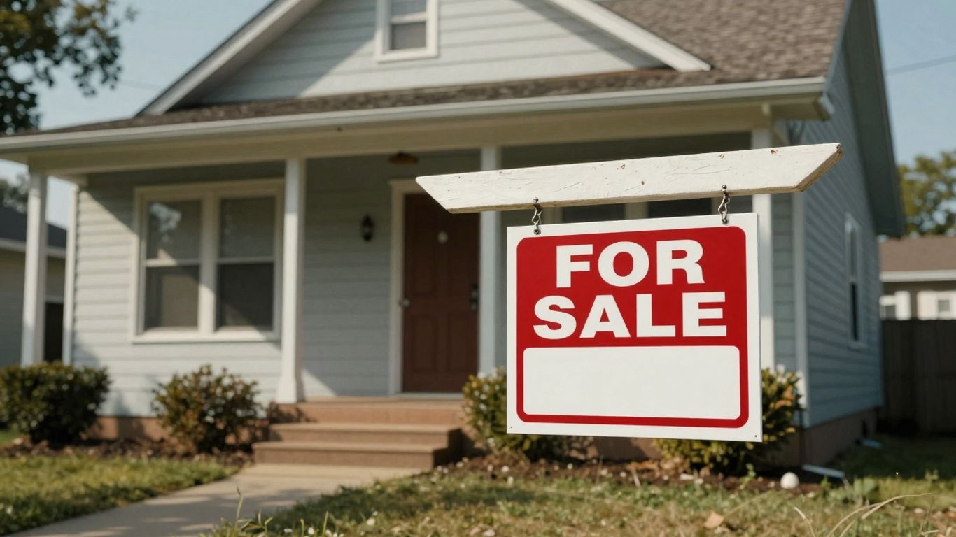 Casa com placa de 'Vende-se' em frente, precisando de regularização.