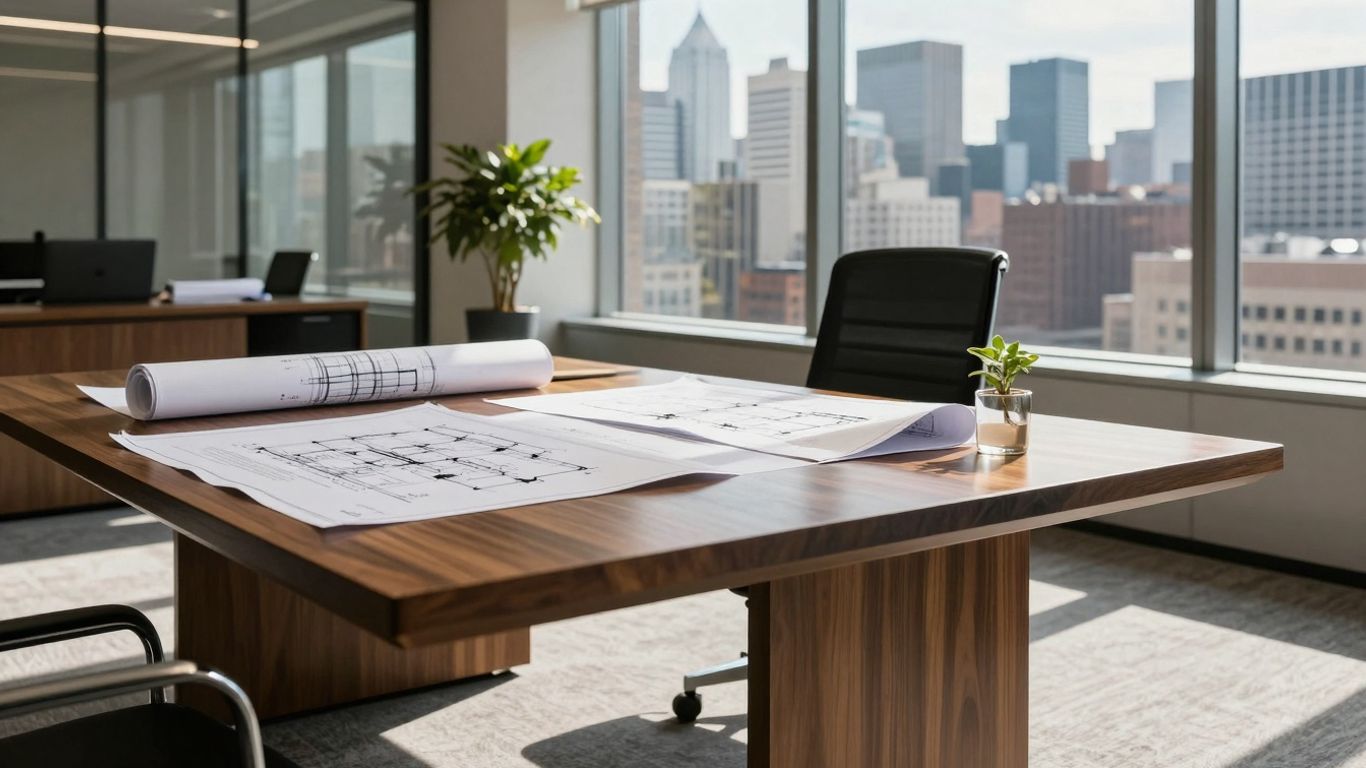 Empresários discutindo planos em um escritório moderno com vista para a cidade.