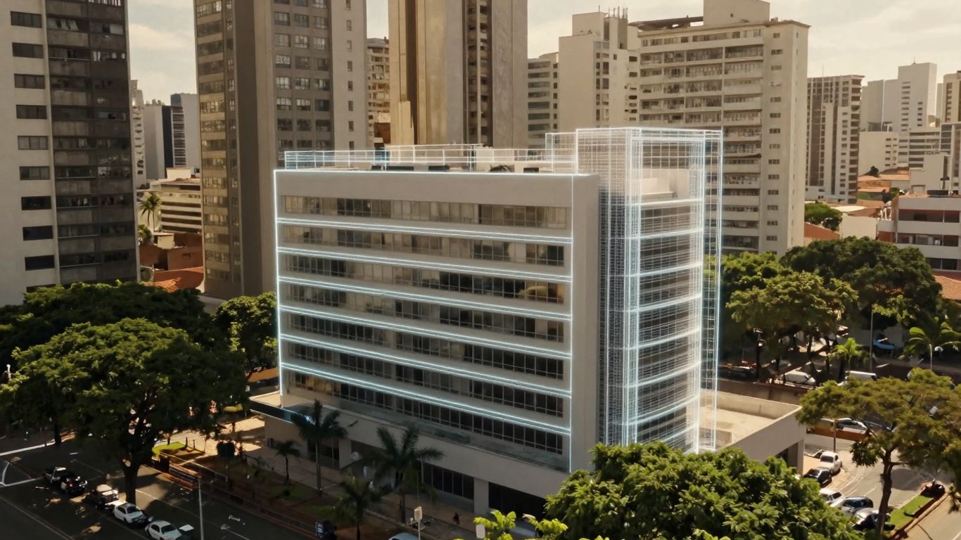Prédio sendo regularizado em Recife com planta e sol.