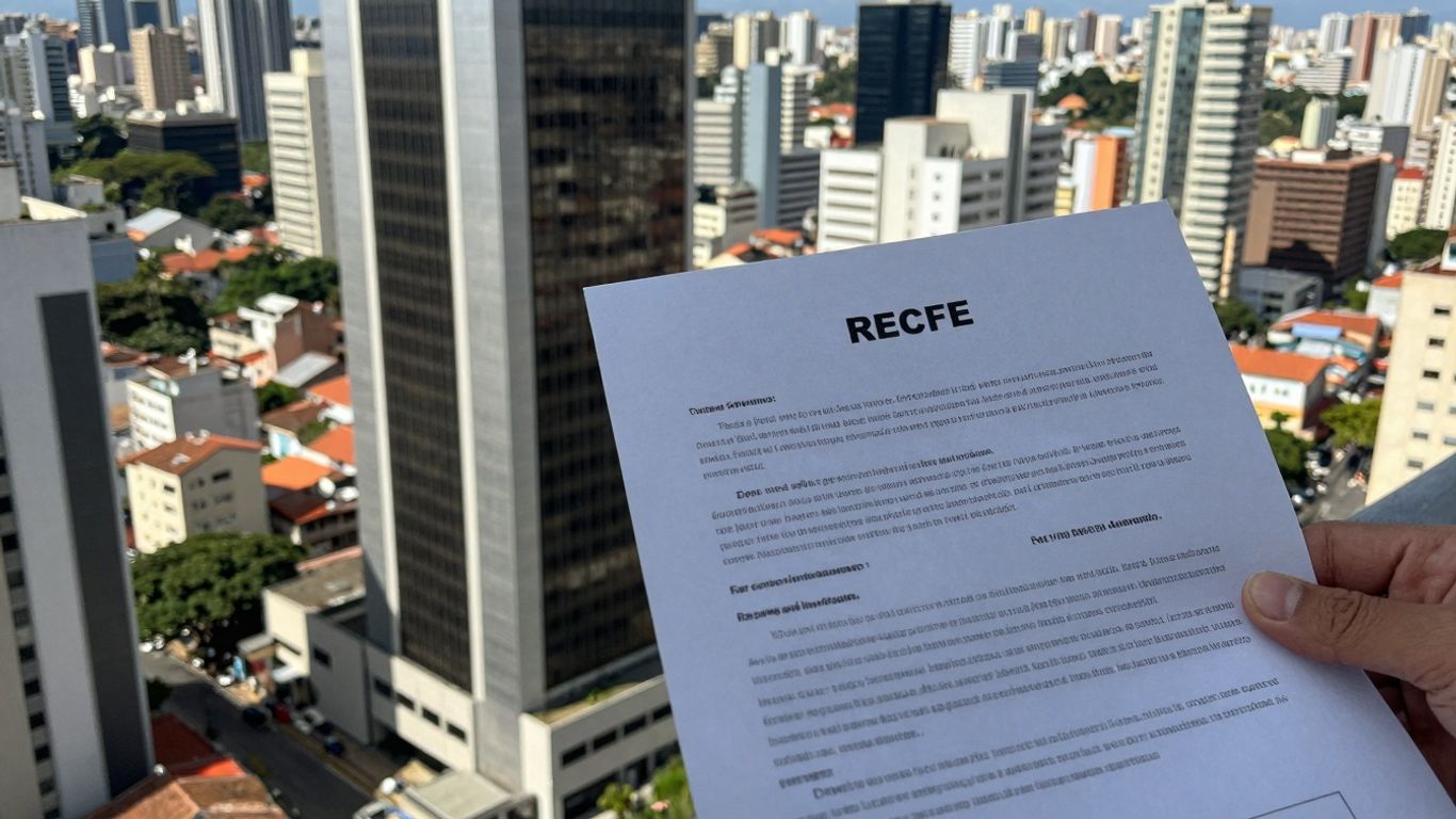 Prédio moderno em Recife com documento legal.
