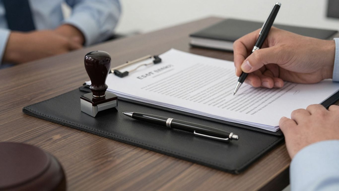 Documentos e caneta em mesa de cartório para inventário.