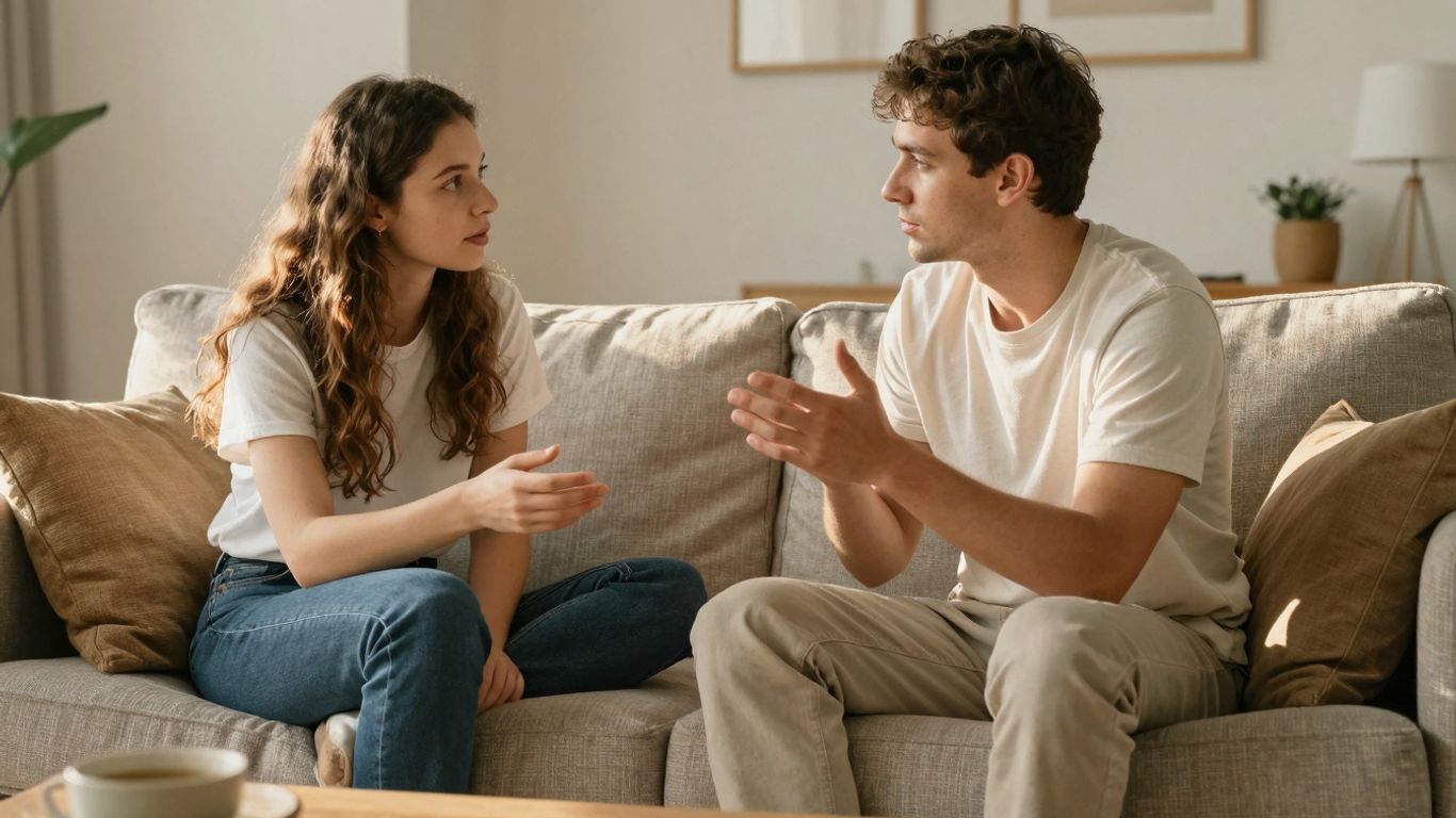 Casal conversando pacificamente em sala de estar.