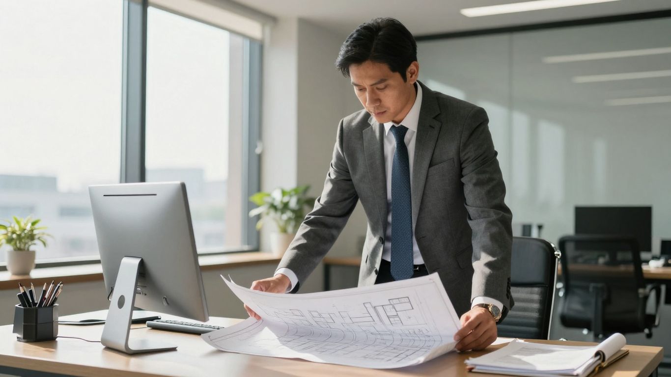 Advogado analisando plantas de empreendimento imobiliário.