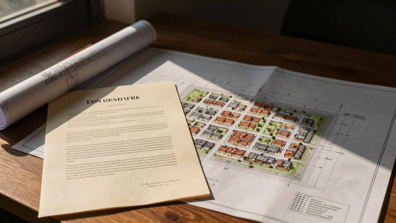 Advogado e loteamento com documentos e plantas.