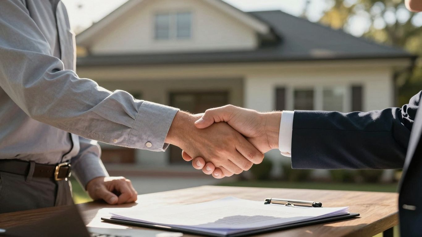 Advogado e cliente apertando as mãos sobre contrato imobiliário.