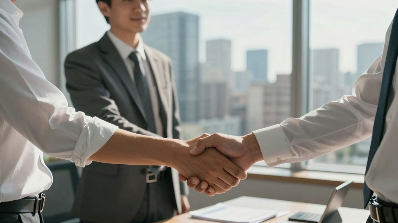 Advogado imobiliário e cliente apertando as mãos.