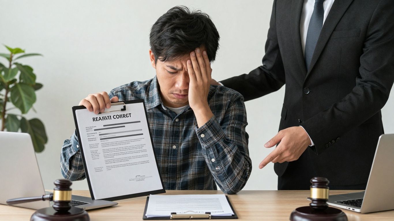 Advogado auxiliando cliente com contrato imobiliário.
