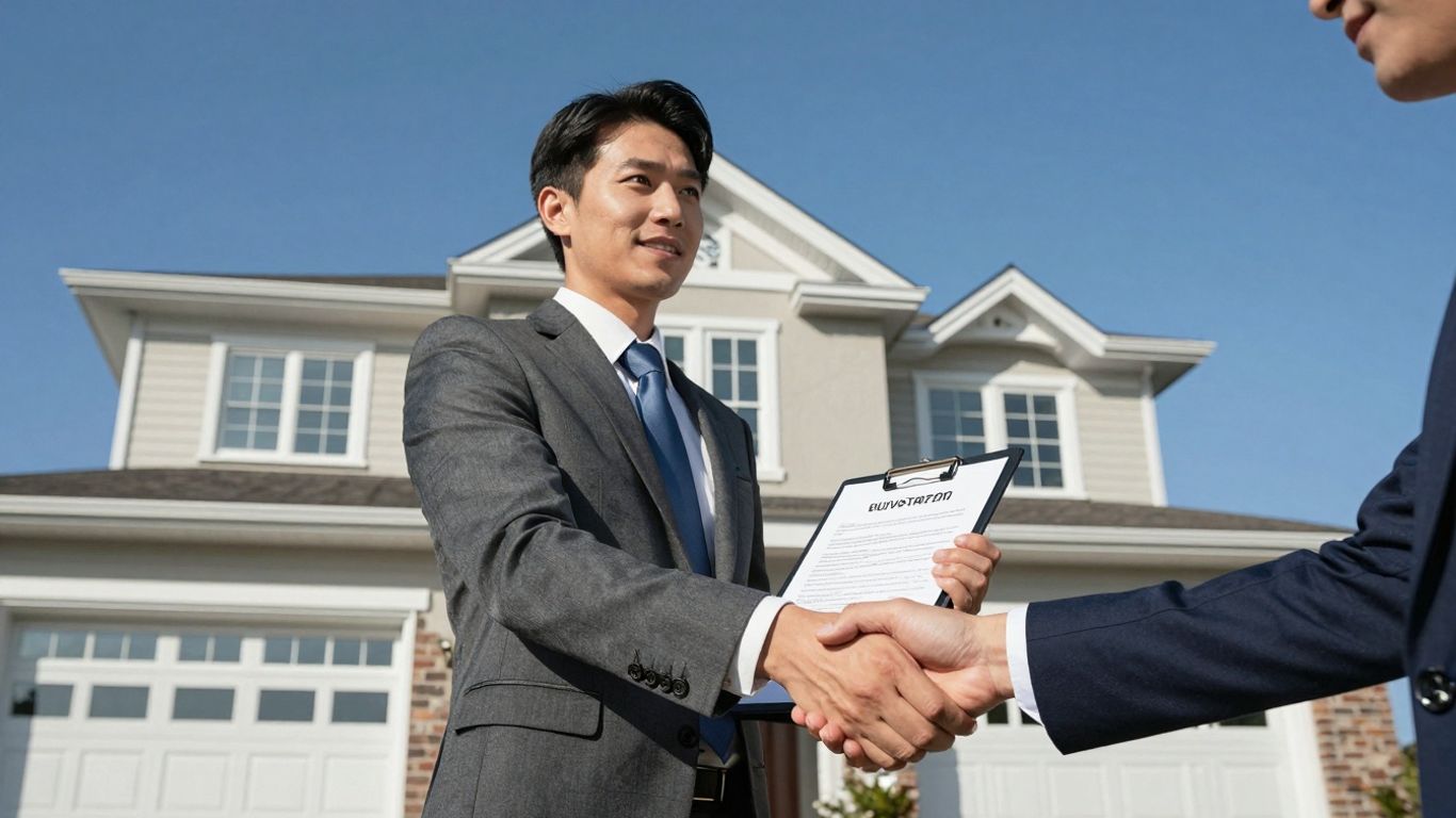 Advogado e cliente assinando contrato de financiamento imobiliário.