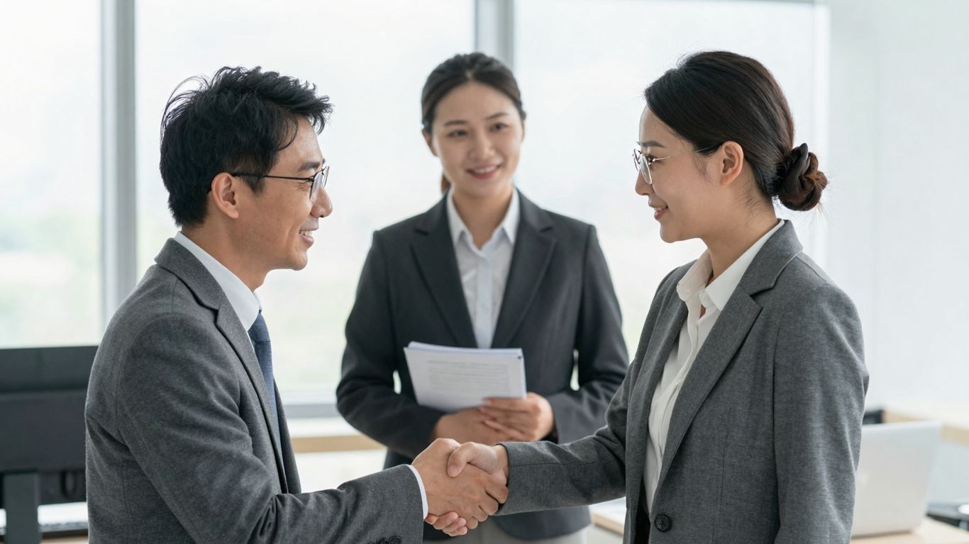 Advogado e clientes apertando as mãos em contrato.