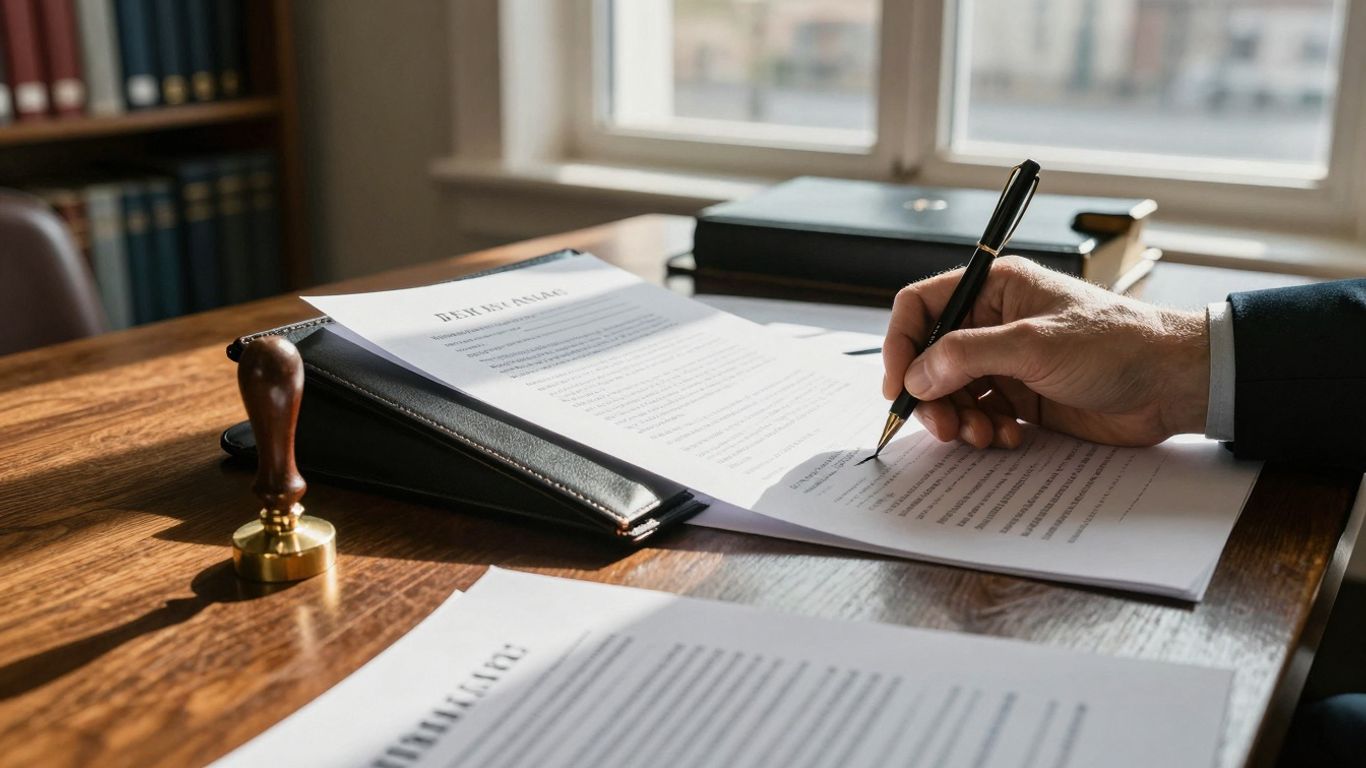 Escritório de cartório com documentos e assinatura.