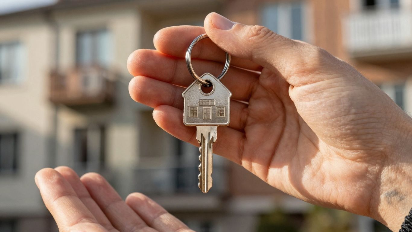 Chave de casa com fundo de prédios de apartamentos.