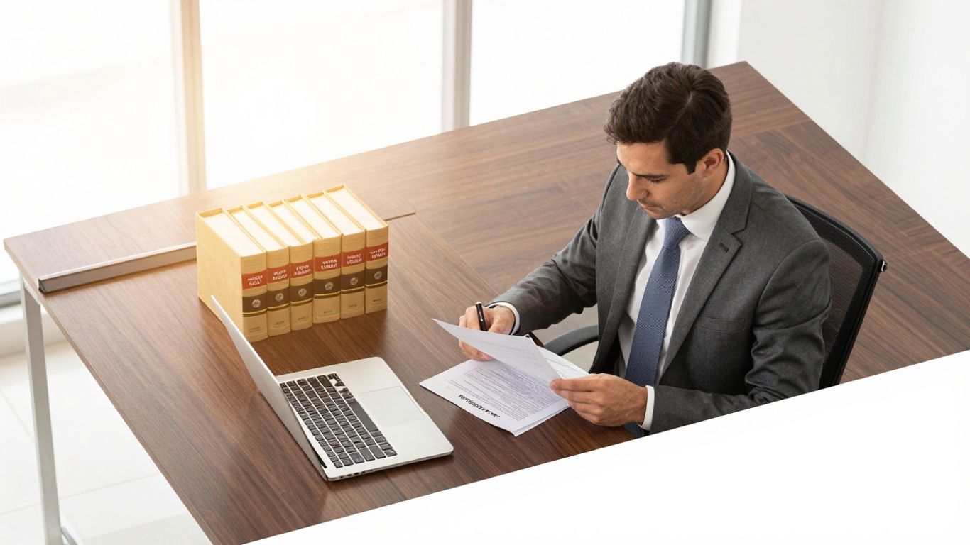 Advogado imobiliário em Recife analisando documentos em escritório.