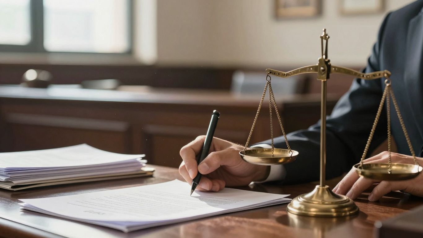 Escritório de advocacia com documentos e balança da justiça.