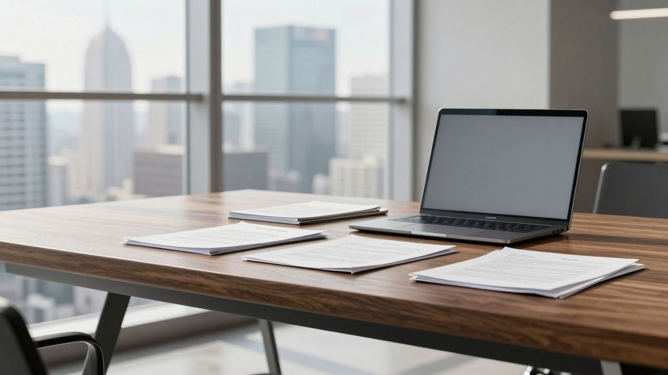 Mesa de escritório com documentos e laptop sob luz solar.