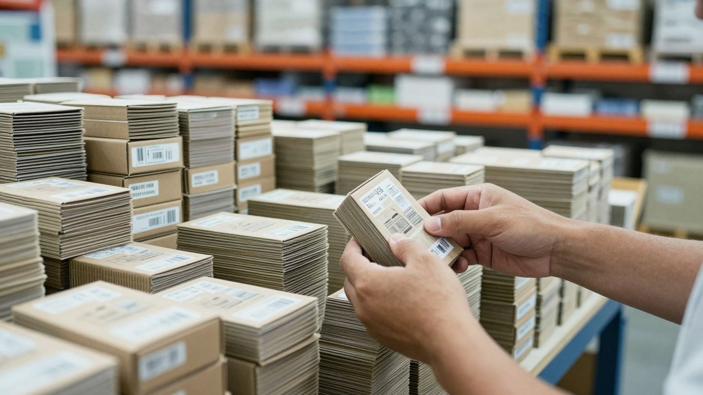 Processo de inventário com caixas e prateleiras organizadas.