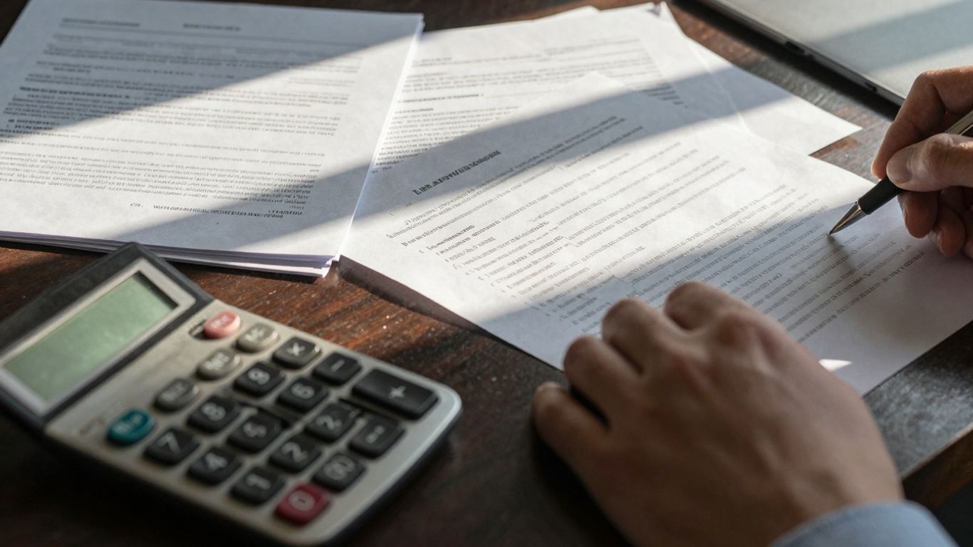 Escritório de cartório com documentos e calculadora.