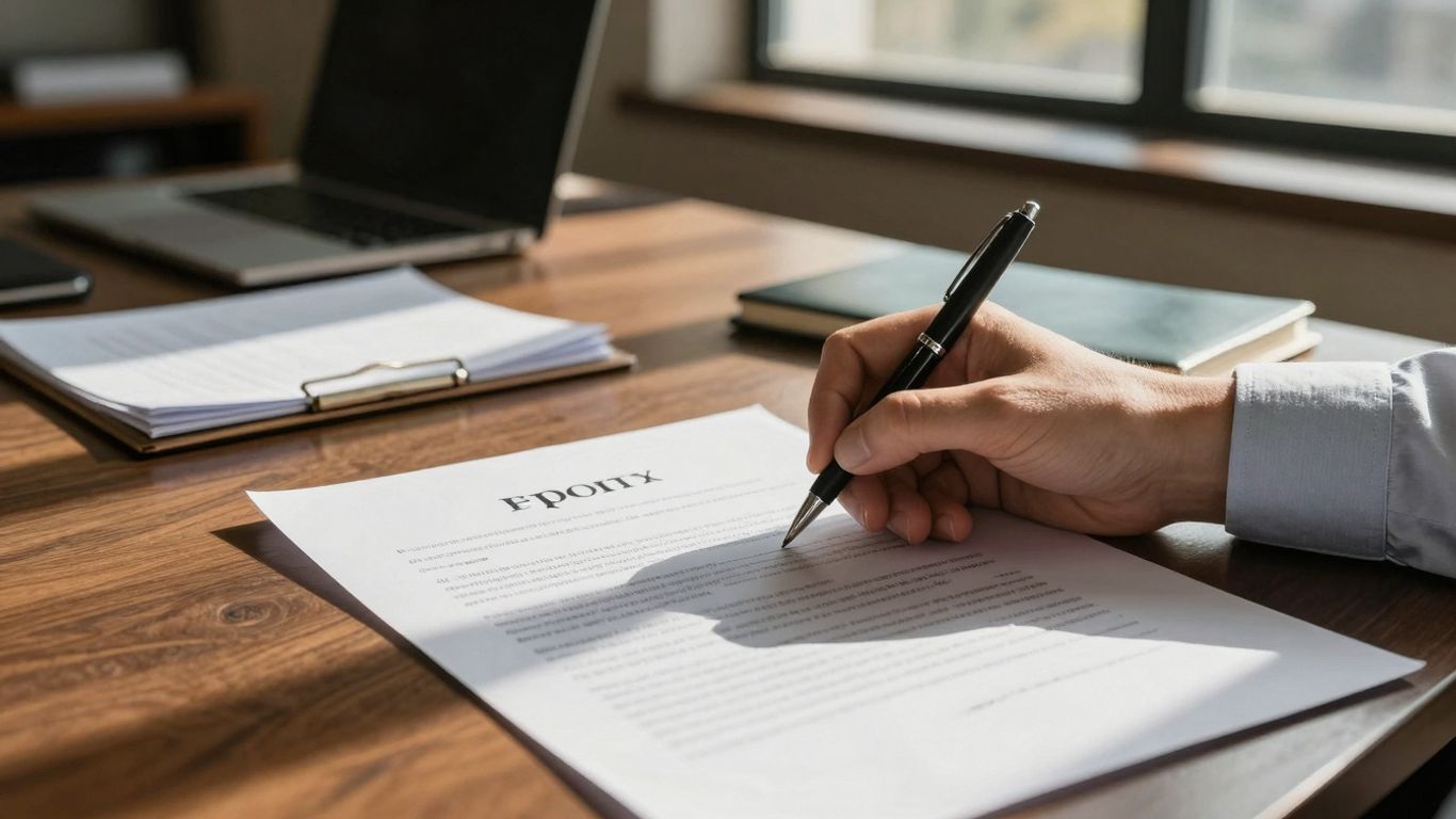 Escritório de cartório com documentos e caneta.