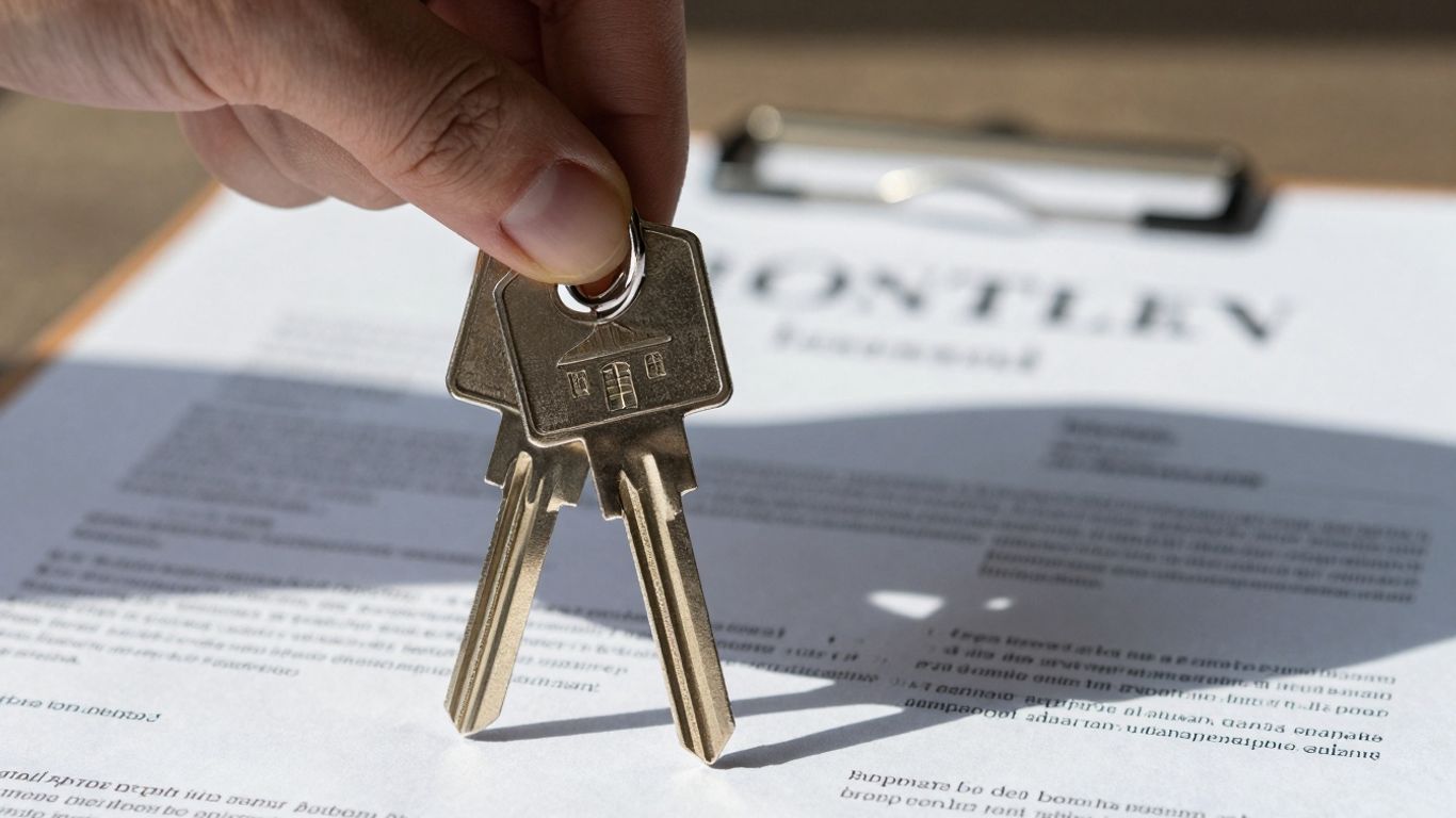 Chave de casa com documentos de propriedade.