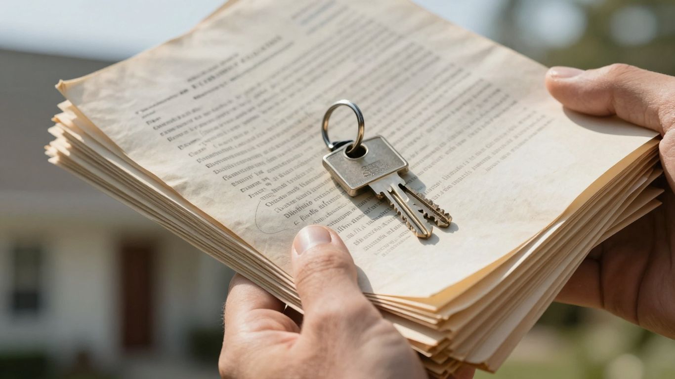 Documentos de herança e chave de casa.