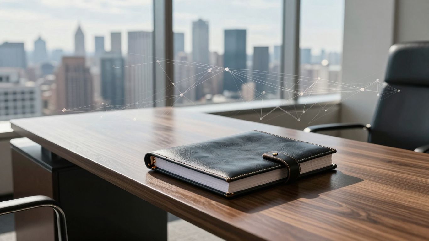 Escritório moderno com vista para a cidade e planejamento financeiro.