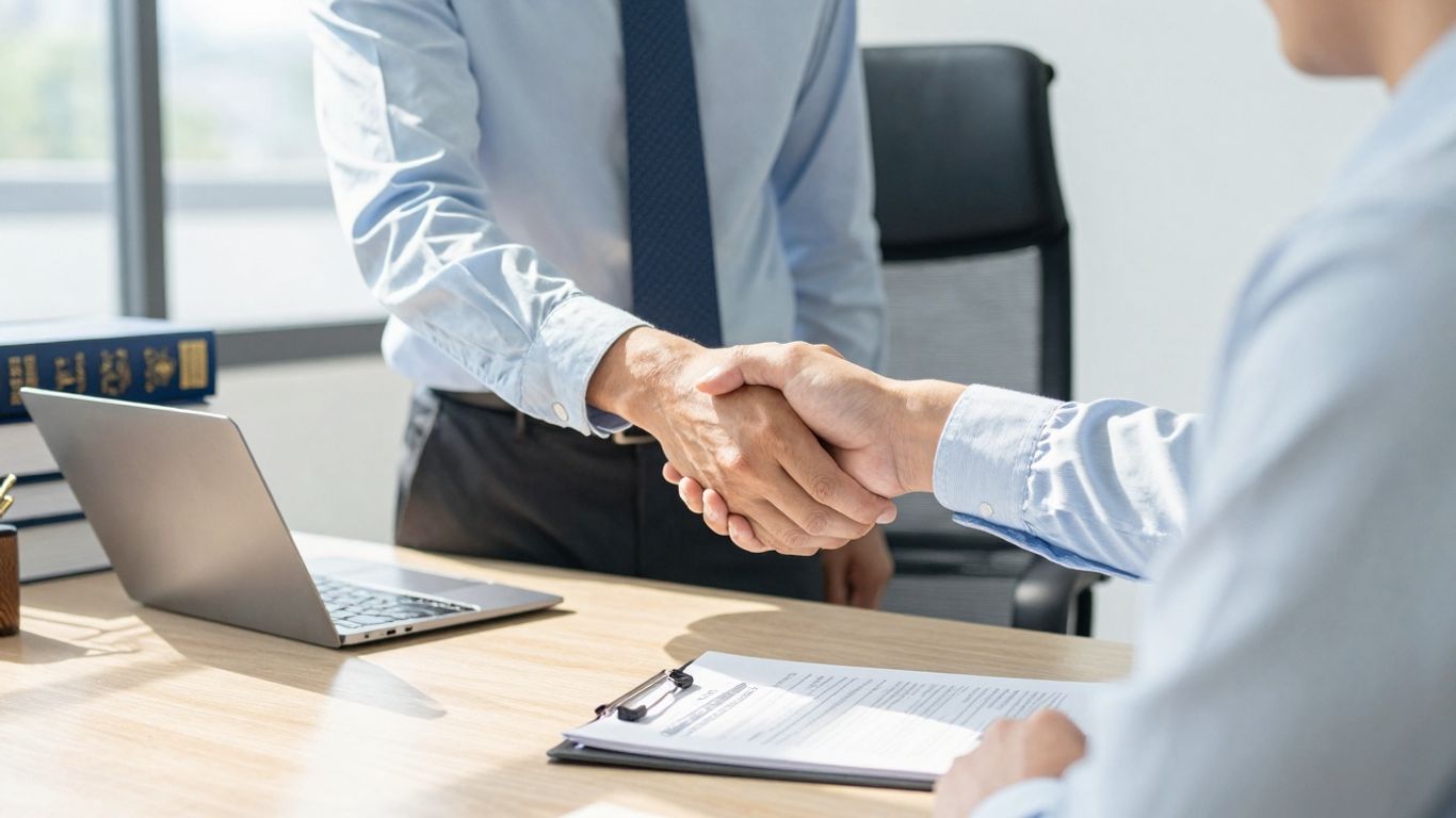 Advogado imobiliário em escritório com cliente.