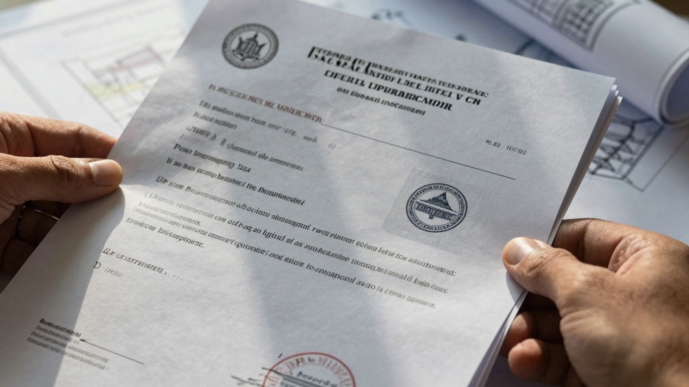 Documentos de regularização imobiliária e planta de imóvel.