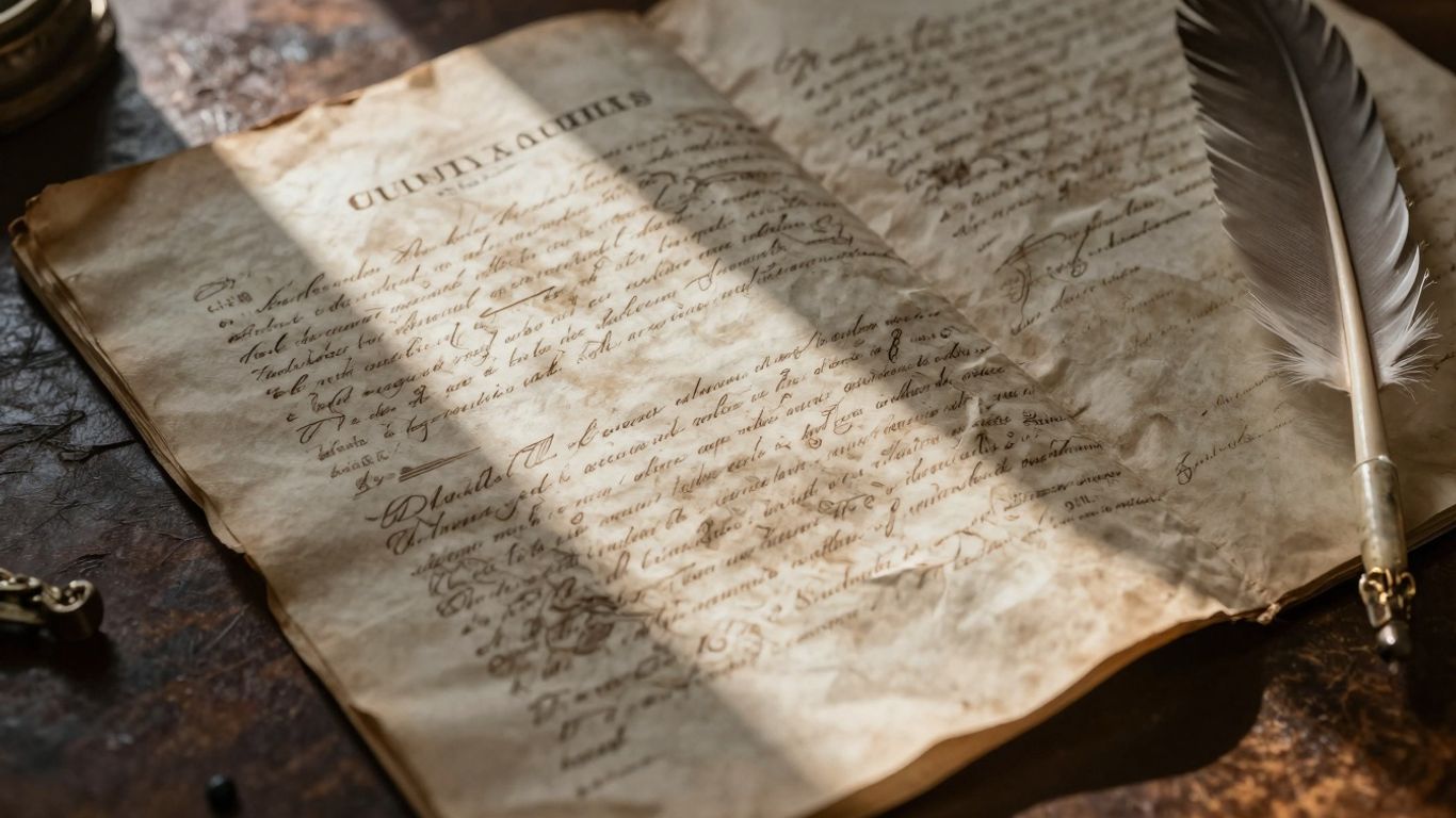 Documento antigo com pena sobre mesa de madeira.
