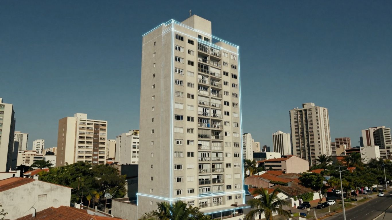 Prédio em Recife com planta de regularização sobreposta.