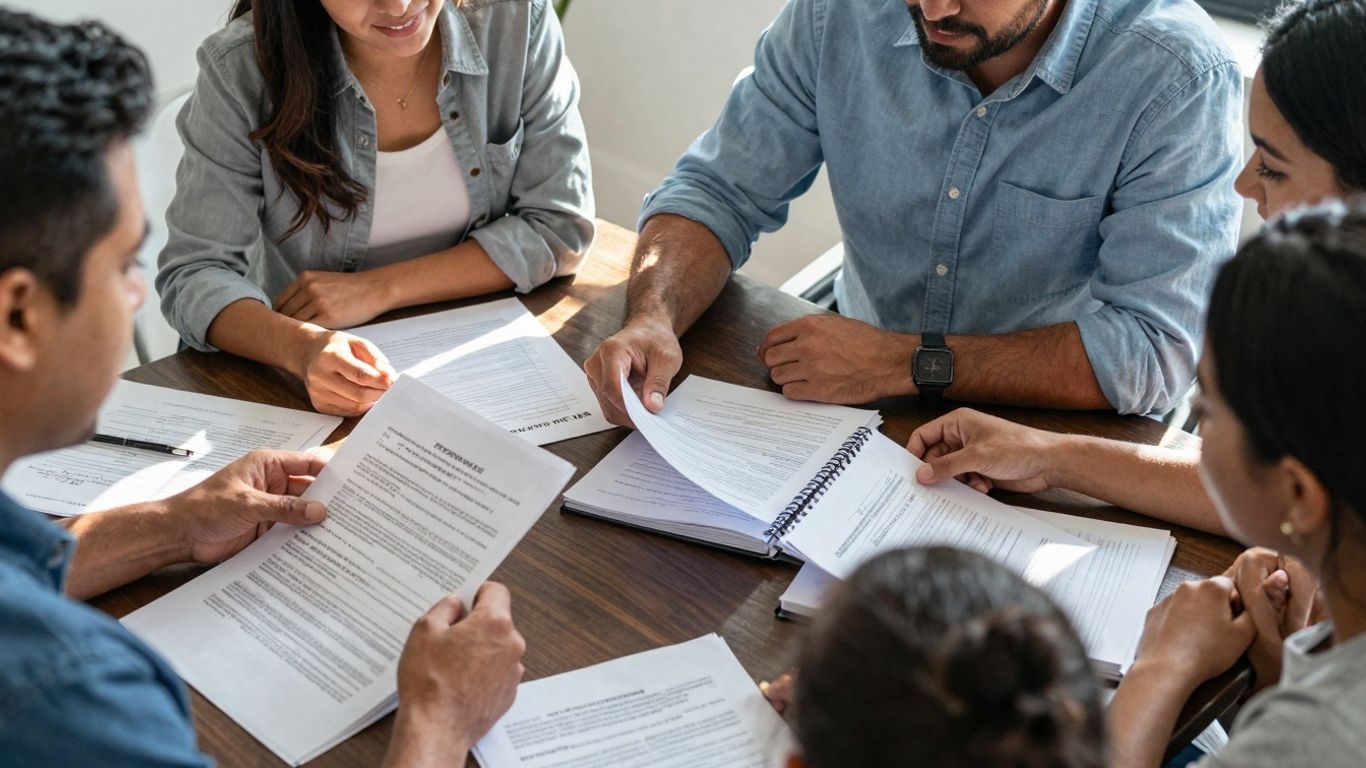 Família dividindo bens em mesa com documentos.