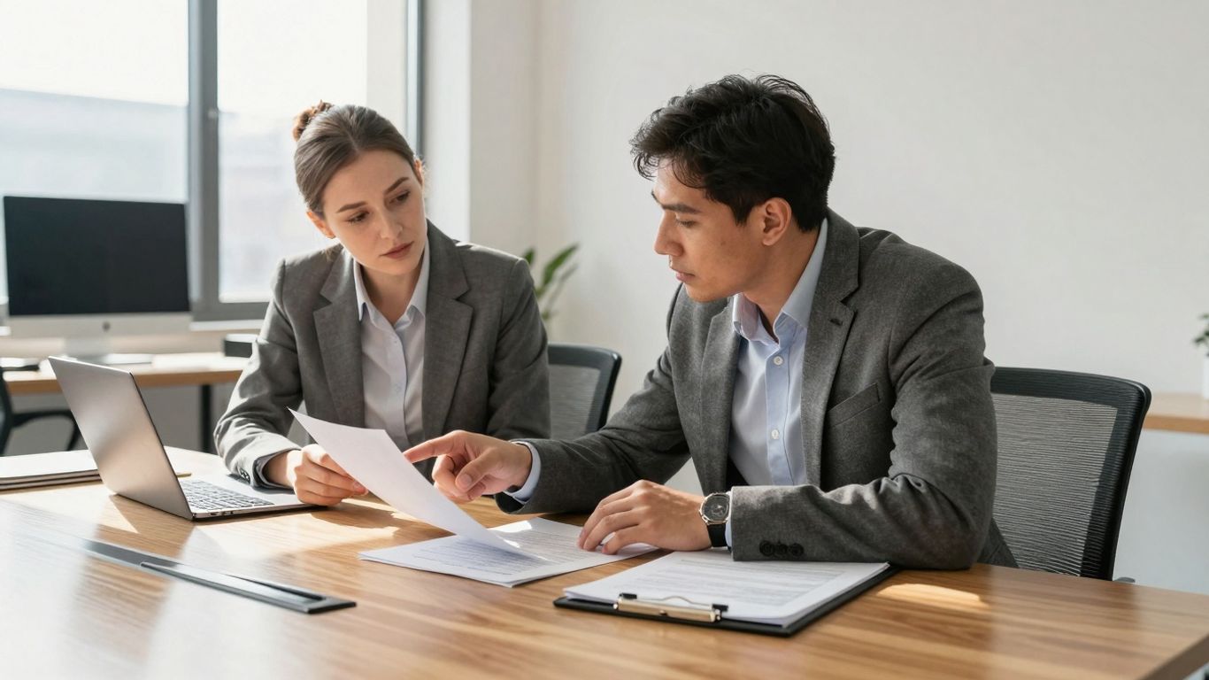 Empresários discutindo documentos em escritório moderno.