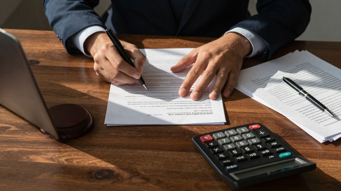 Documentos legais e calculadora em mesa de escritório.