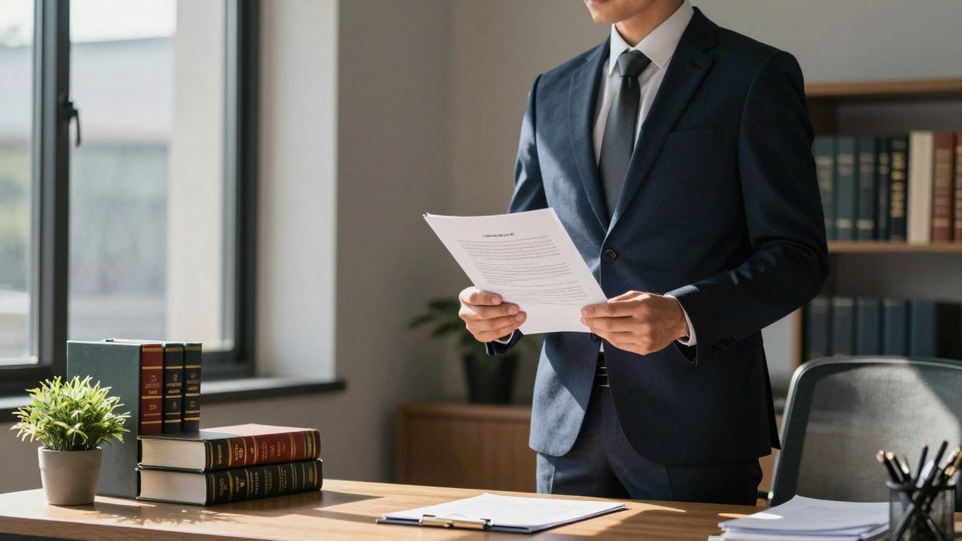 Advogado em escritório com documentos e livros.