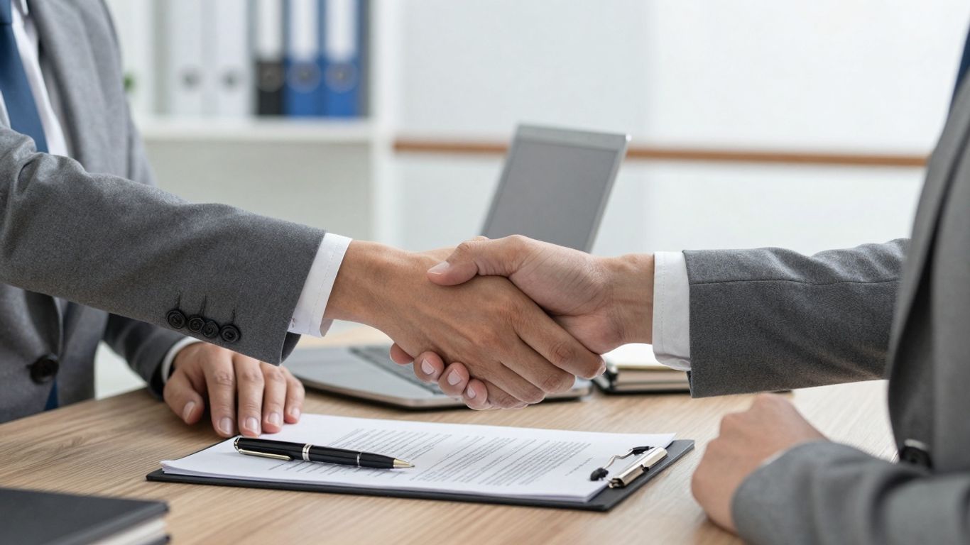 Advogado e cliente apertando as mãos sobre contrato.