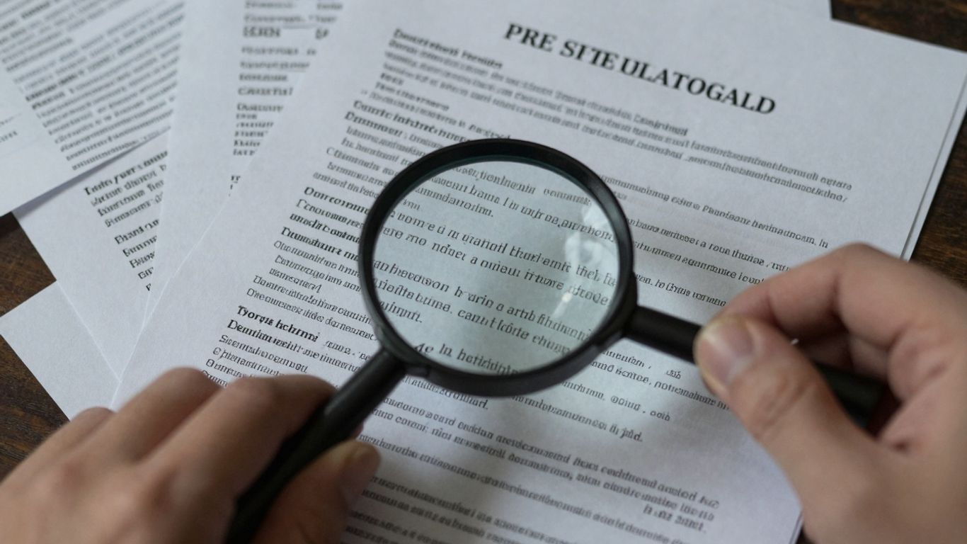 Documentos legais e lupa em mesa de madeira.
