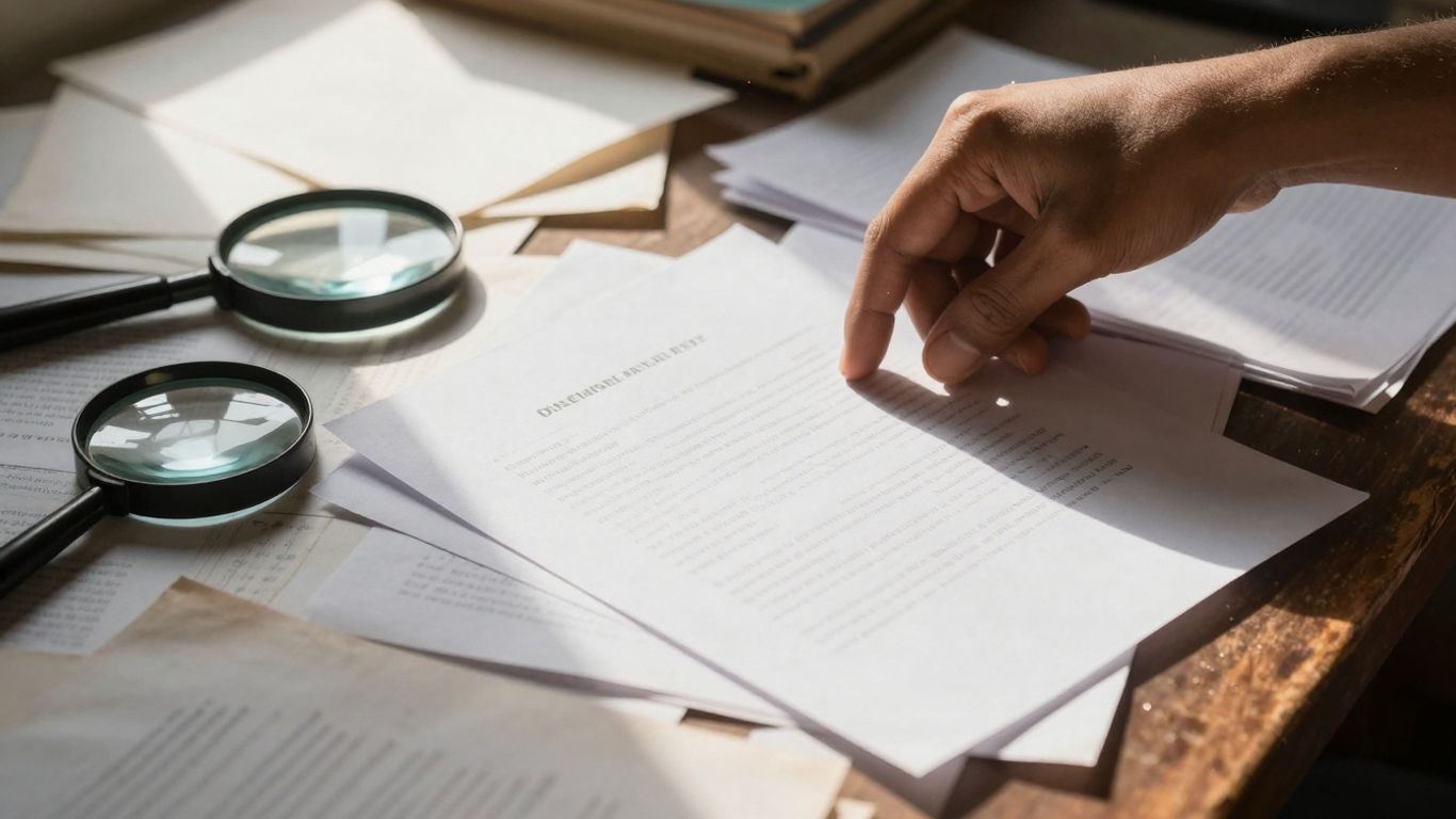 Documentos perdidos em um escritório bagunçado.