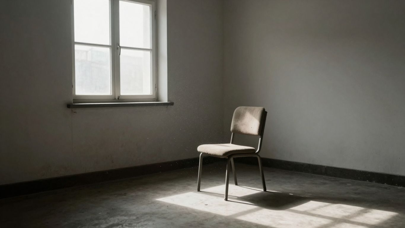 Sala vazia com uma cadeira empoeirada e luz solar.