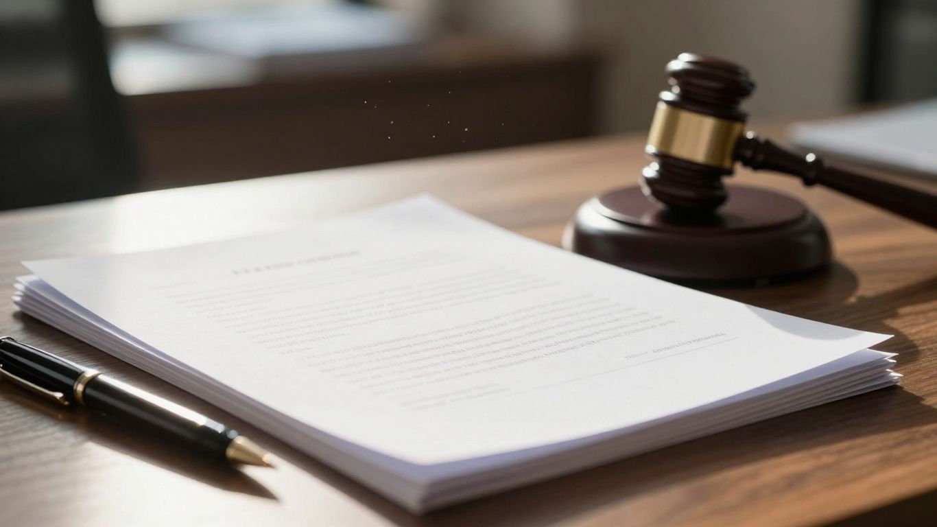 Escritório de advocacia com documentos e caneta.