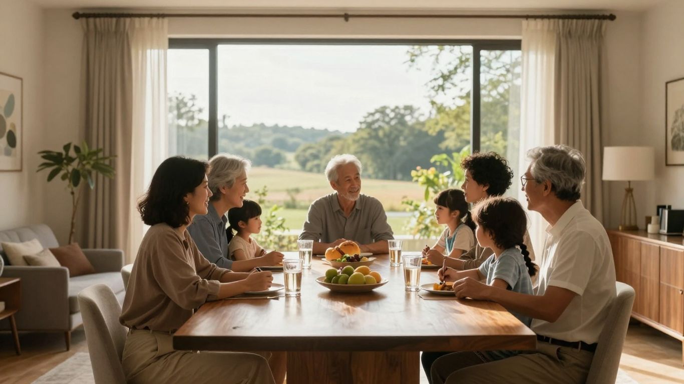 Família discutindo planejamento sucessório em sala de estar luxuosa.