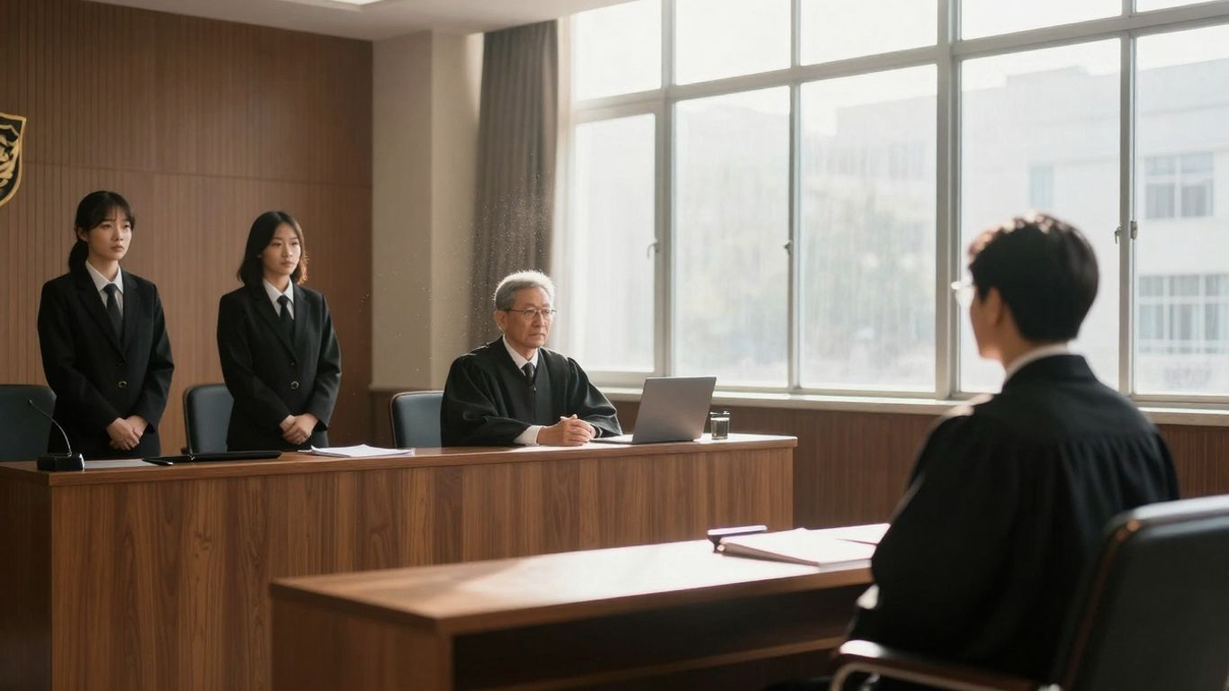 Tribunal com juiz, advogados e testemunha.