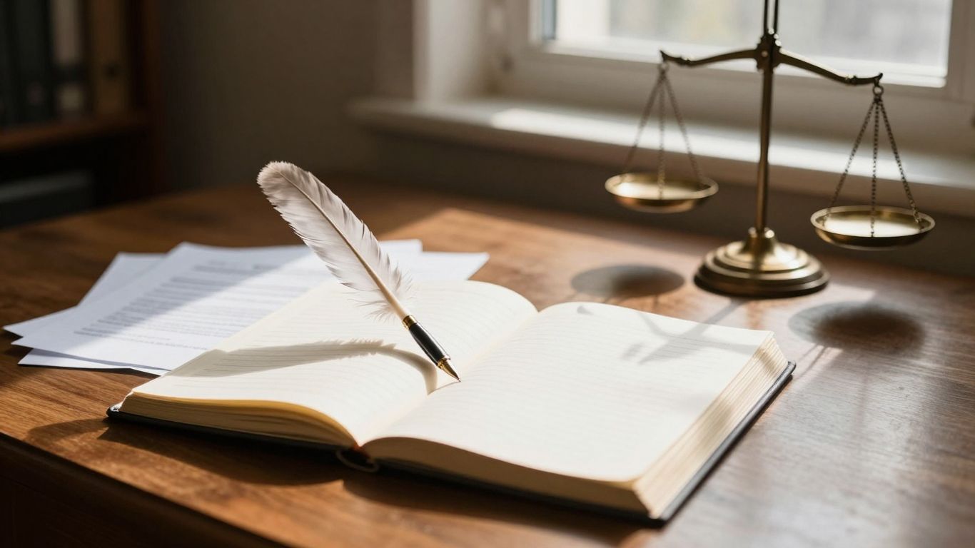 Escritório de cartório com documentos e balança da justiça.