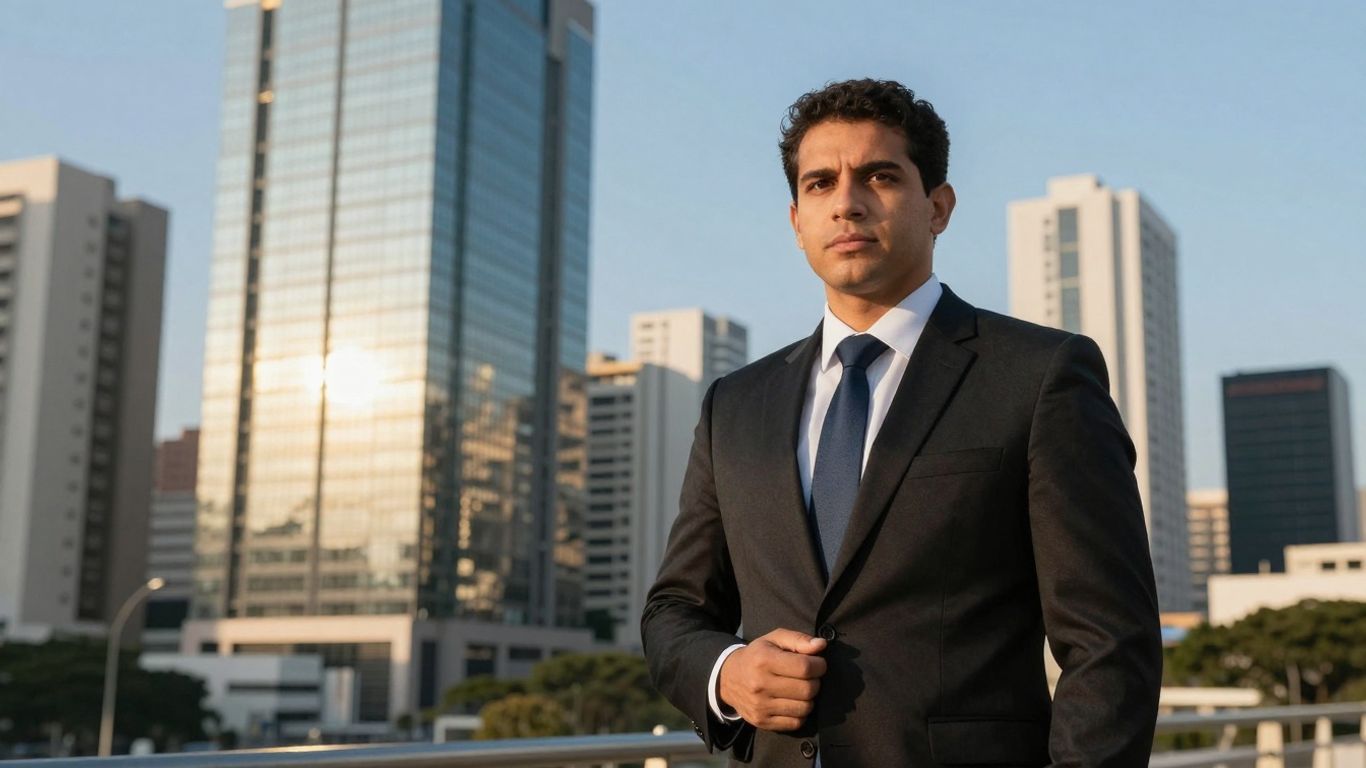 Advogado em Recife com skyline ao fundo.