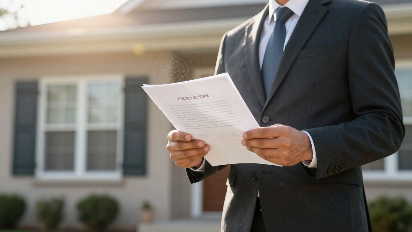 Advogado em frente a uma casa com documento