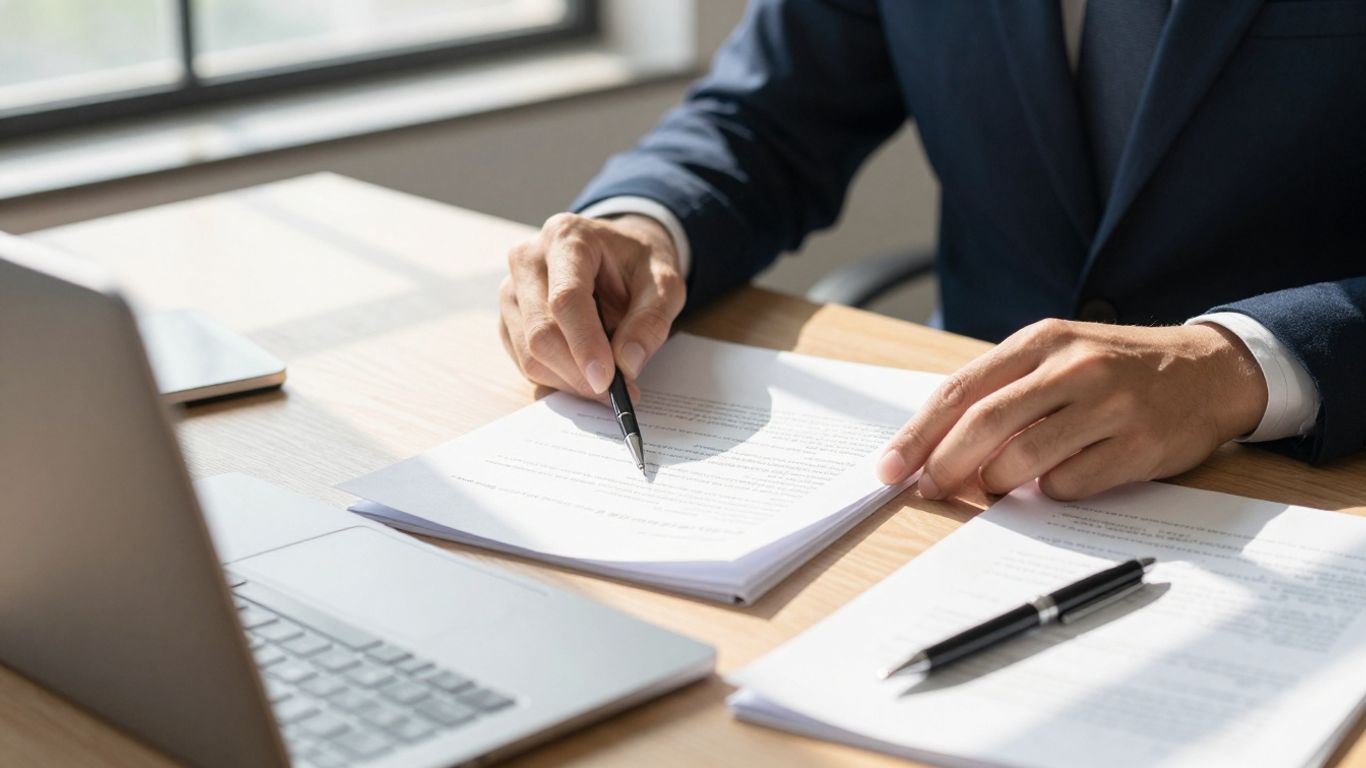 Advogado analisando contrato de imóvel em negociação.