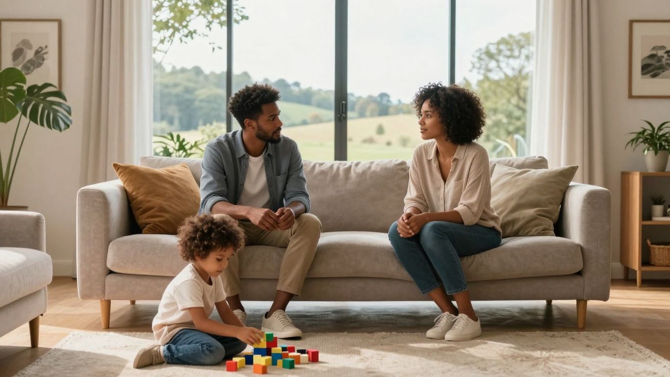 Família discutindo planejamento sucessório em sala de estar.