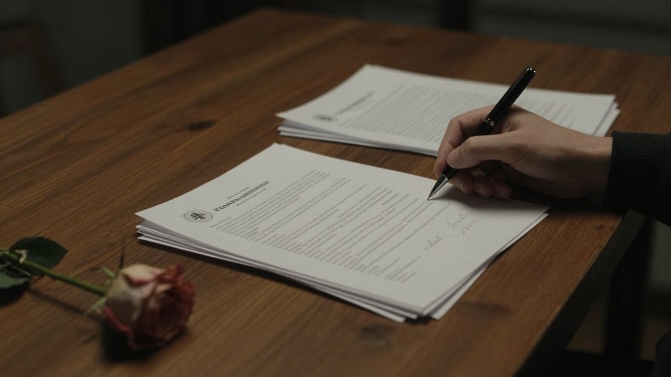 Documentos e caneta sobre uma mesa de madeira.