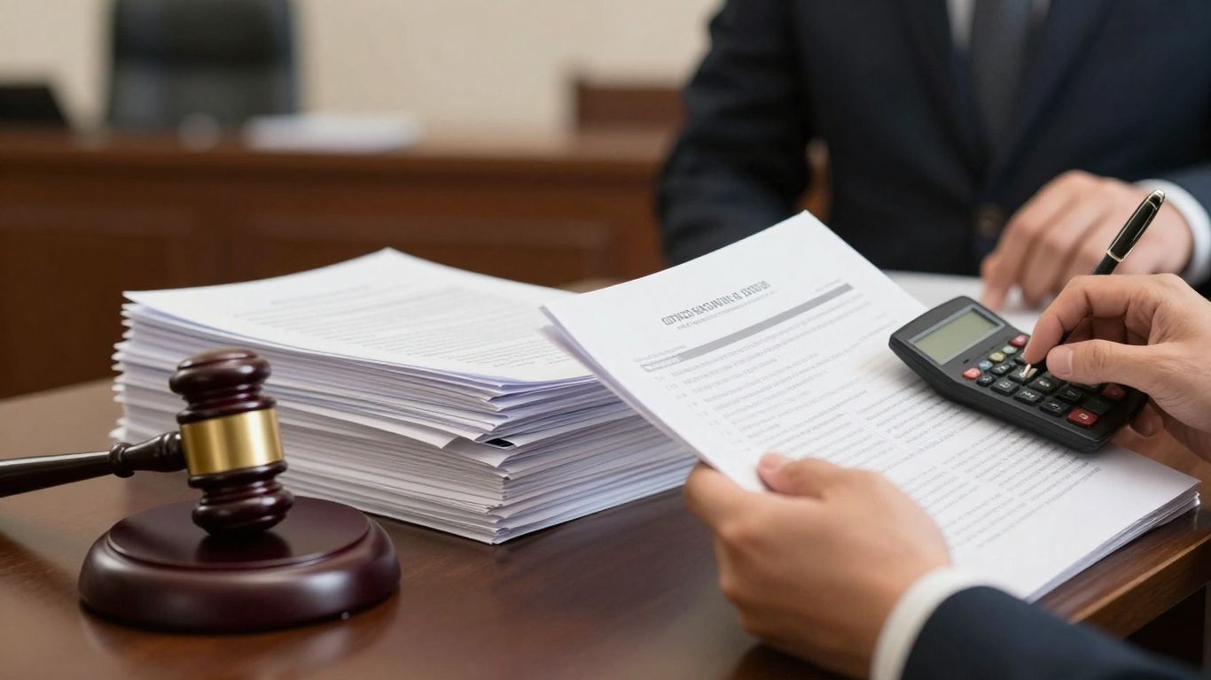 Documentos legais e cálculos financeiros em processo de inventário.