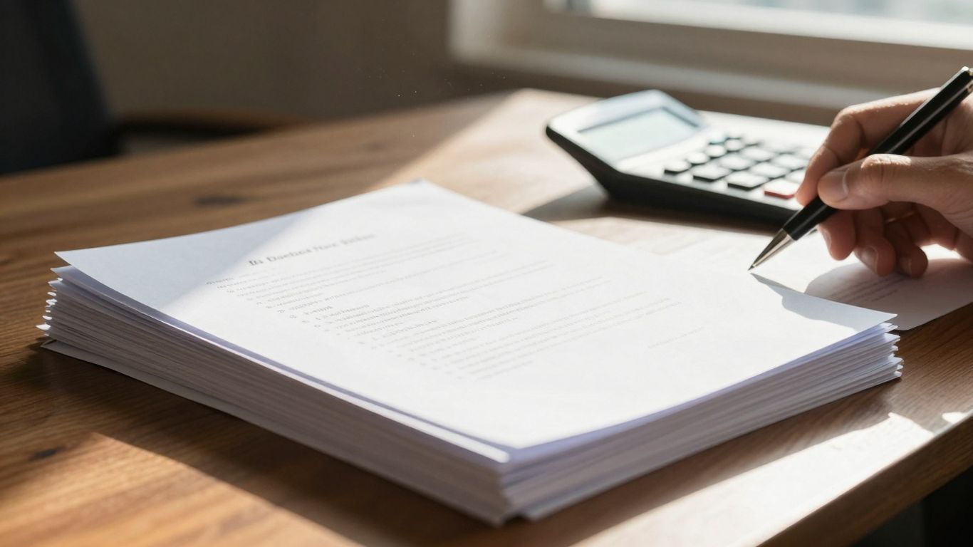 Documentos e calculadora em uma mesa de madeira.