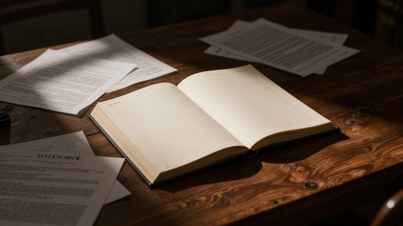 Documentos legais e livro de contabilidade em mesa escura.
