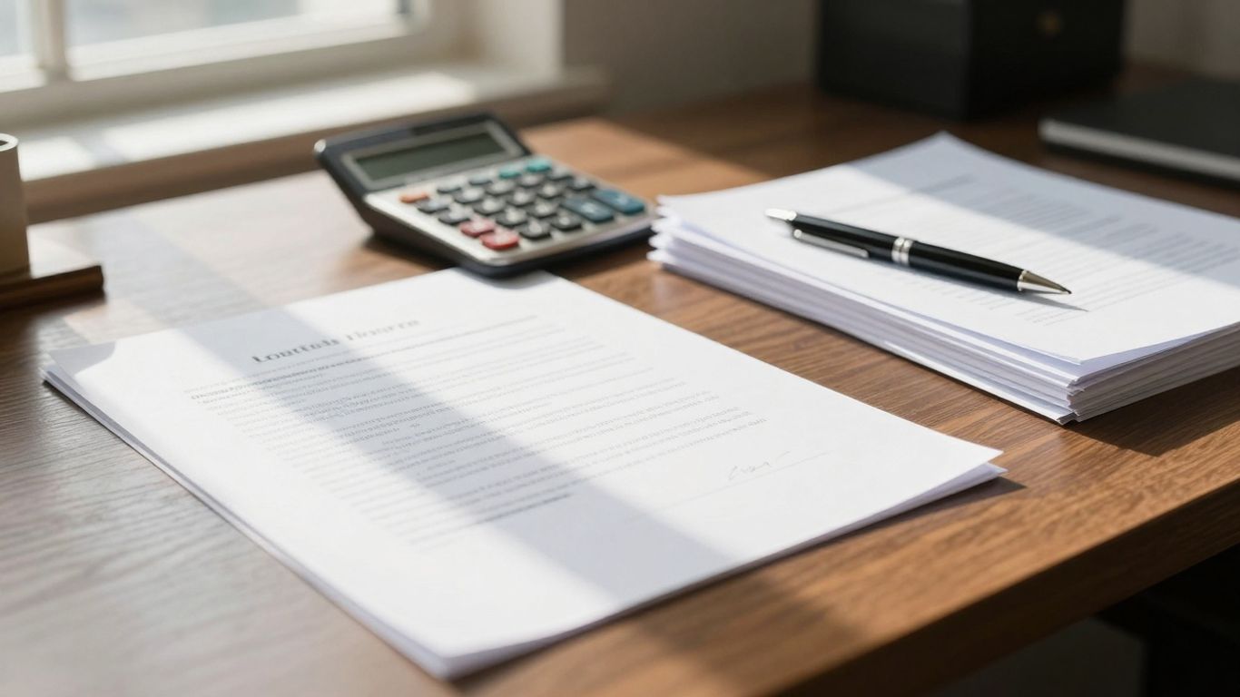 Escritório de advocacia com documentos e calculadora.